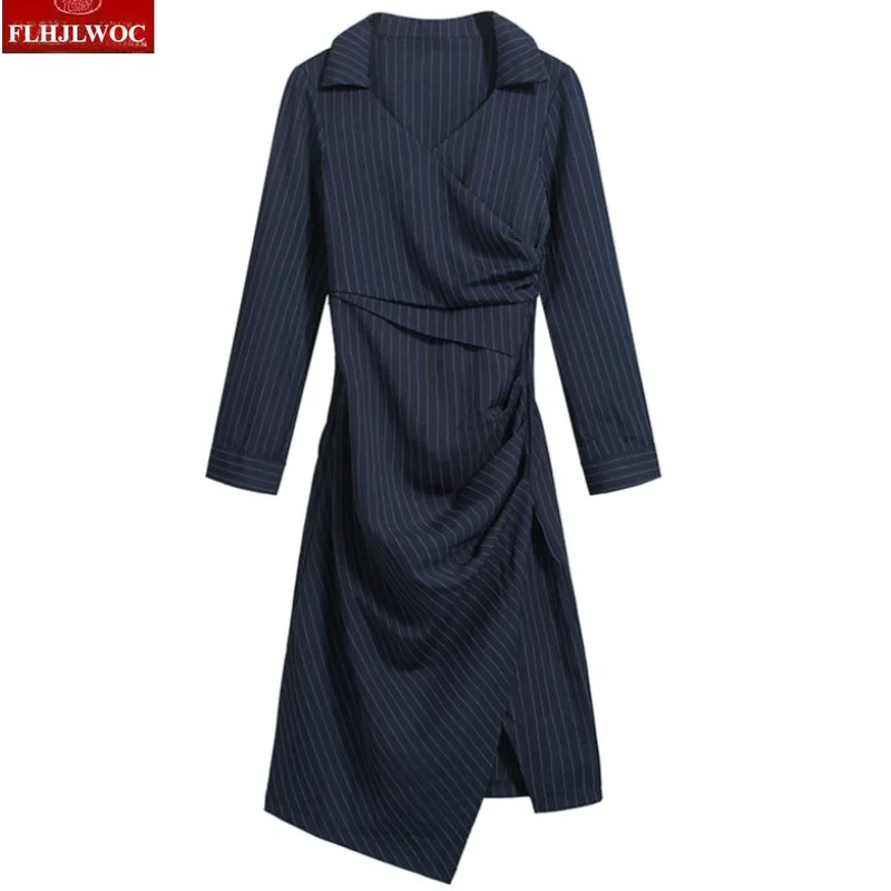 Gestreepte shirtjurken Nieuwe herfst lente vrouw basics dragen elegante kantoordame V-hals slanke taille gedrapeerde Franse potlood splitjurk