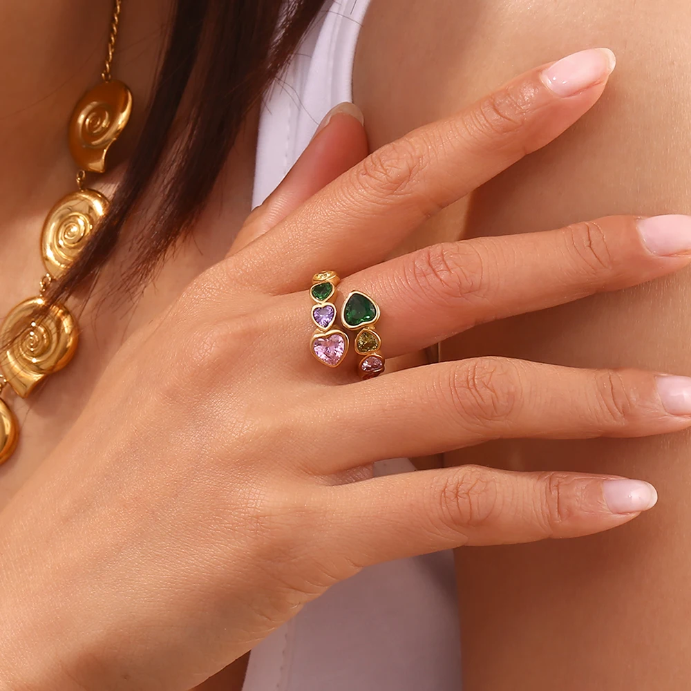 E.B.belle Open Heart Zircon Ring Colorful Hypoallergenic 316L Stainless Steel Decoration 18K Gold Plated Jewelry