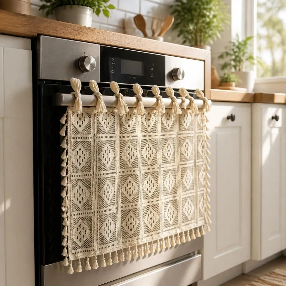 Lace Oven Door Curtain Rural Style Tassels Dishwasher Cover Skirt Washable Handmade Kitchen Cabinet Curtains Small Window
