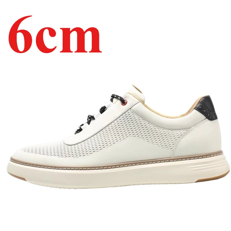 Invisible Heightening Shoes for Men's 6cm Increased Genuine Leather Hollow Breathable Summer Casual Board Shoes Elevated Shoes