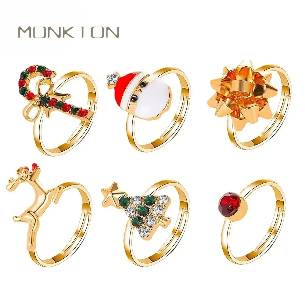 Monkton 6Pcs Christmas Jewelry Set Gift for Girls Enamel Santa Claus Christmas Tree Opening Rings for Women Dropshipping