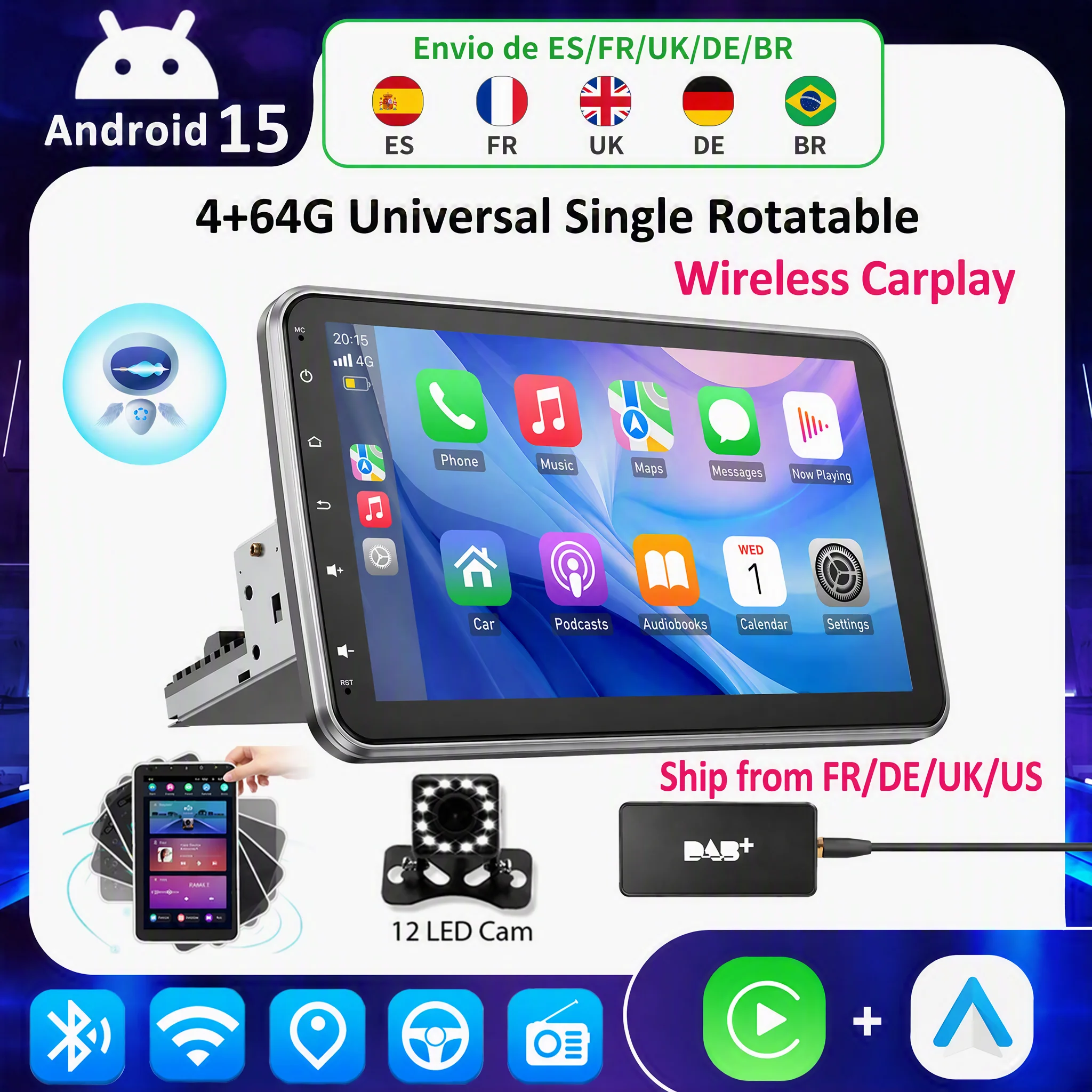 ESSGOO Android 15 Autoradio Universale da 10.1 Pollici Rotante, Lettore Multimediale Carplay, GPS, Stereo Automobilistico con Bluetooth