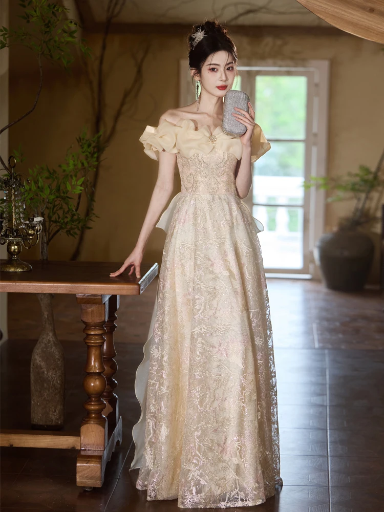 

Champagne Color Evening Gown Women's One-oulder Faionable Birthday Par aduation Adult Ceremony High-End Sensation Ele...