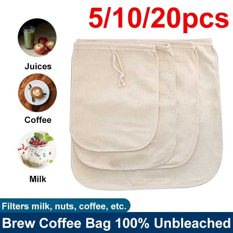 5/10/20pcs Cold Brew Coffee Filter Bag Reusable Food Grade Pure Cotton Filter 100% Unbleached Drinkware for Milk Fruit Juice