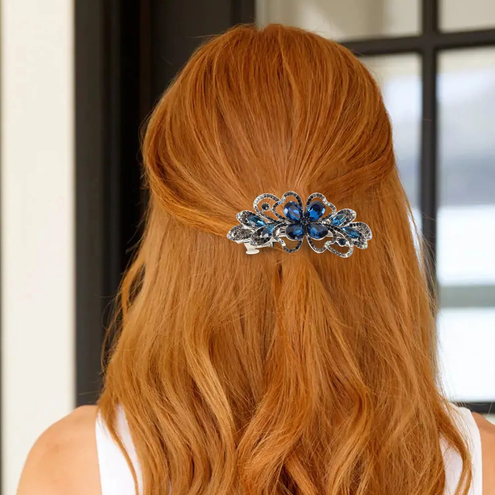 

Rhinestone Flower Spring Clip Back Hair Barrette For Women Crystal Hairpin Multipurpose Non-Slip Hair Accessory