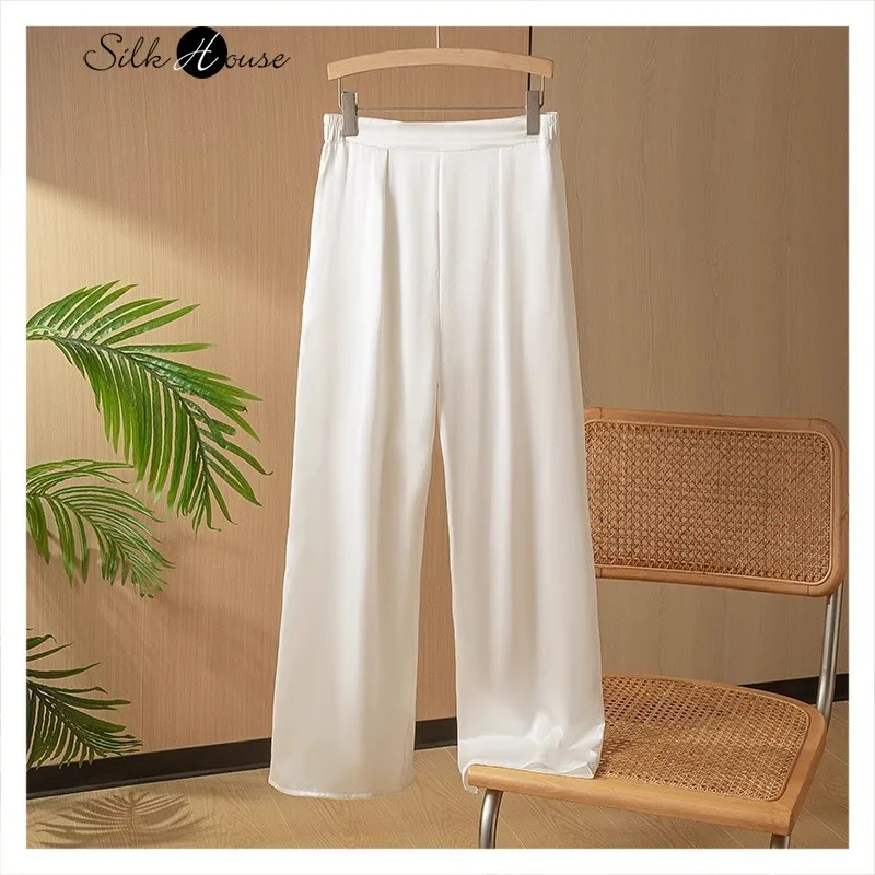 Light Luxury Heavy Weight 100% Natural Mulberry Silk Plain Satin High-end Women's White Flat Waist Comfortable Casual Pants