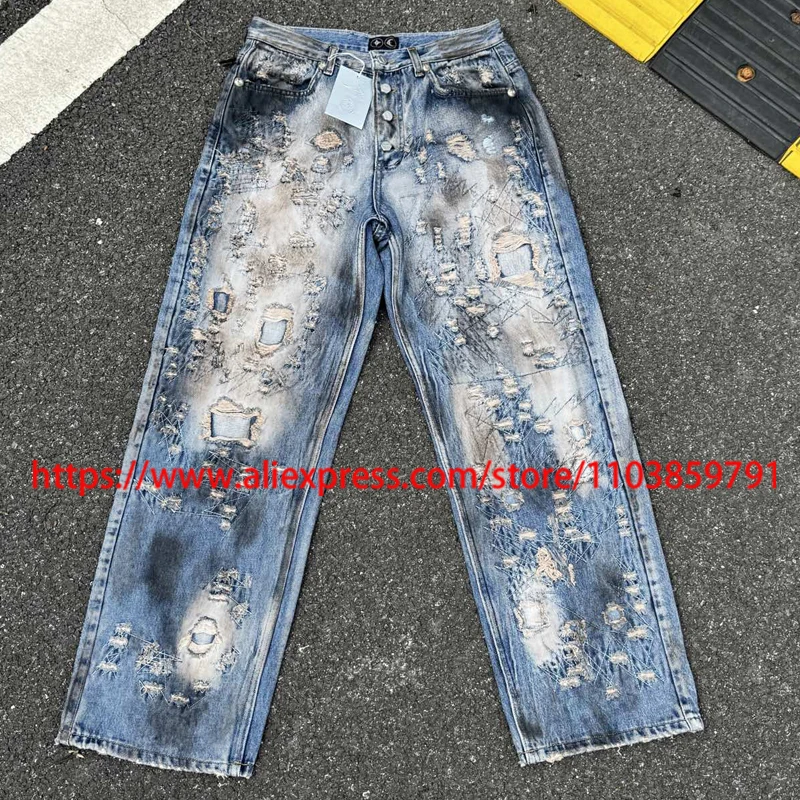 

Джинсы THUG CLUB в стиле хип-хоп, лоскутные джинсы с рваными дырками и граффити, повседневные широкие брюки, трендовые джинсовые брюки High Street Thug Club