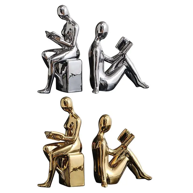 

Book Ends For Shelves Decorative 2X Abstract Statue Design Book Stopper Anti-Slip Ceramic Books Storage For Bookcase Kitchen