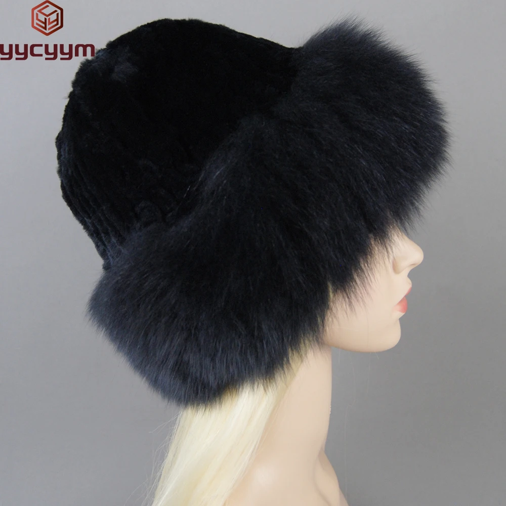 Luxury Winter Lady Party Fashion Fur Hat Skullies Women Knitted Real Genuine Fox Fur Hats Women Beanies Solid Rex Rabbit Fur Cap