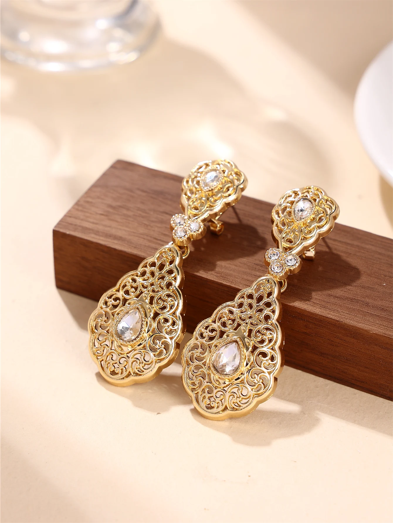 1 Set Vintage Palast-Stil Damen Halskette und Ohrringe Schmuckset, Tropfenförmig mit Strass-Einlagen, Schmuckset für Arabische Frauen für Hochzeiten, Bankette und Feste – Detail 9
