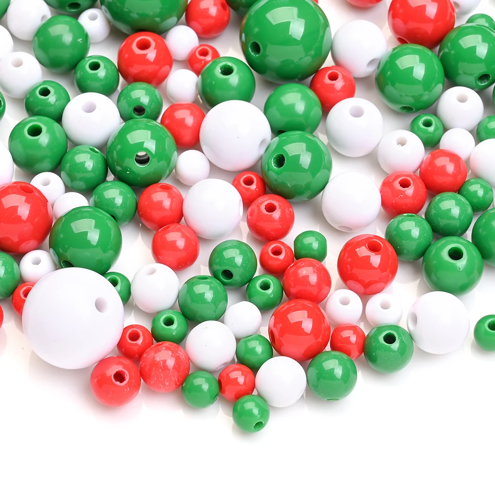 6-16mm Christmas Acrylic Round Beads Red Green White Spacer Beads For DIY Keychain Bracelet Jewelry Making Craft Supplies