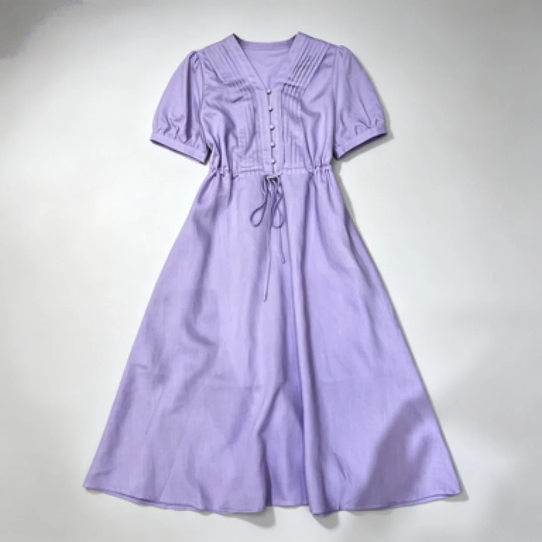 Women Summer Taro Purple Drawstring Waist Dress