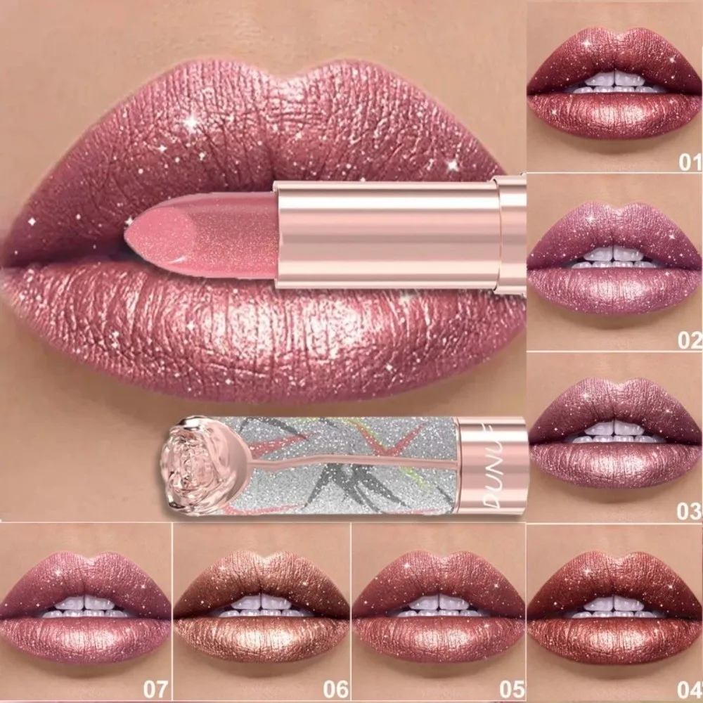 New 7 Colors Metallic Lipstick Floral Embossed Pearl Pink Glitter Lip Tint Long Lasting Waterproof Shimmer Lip Glaze Women