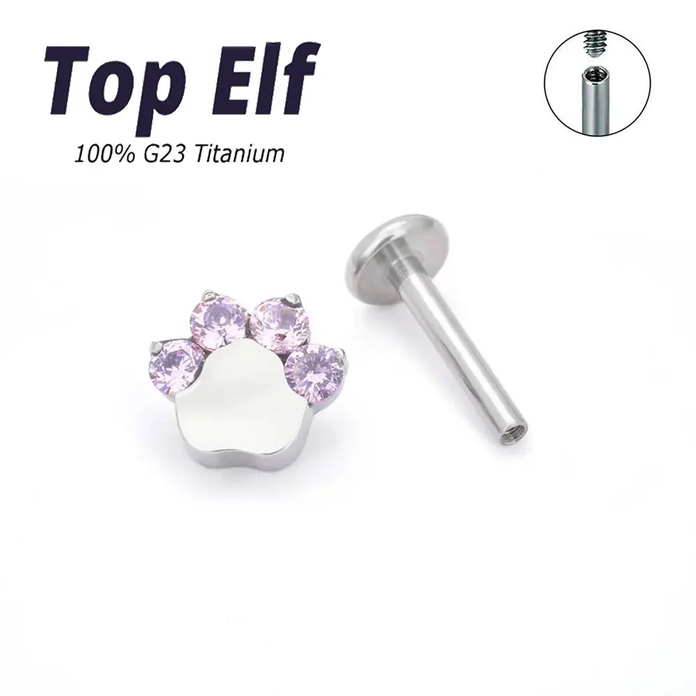 G23 Titanium Inner Threaded Cat Paw Shape Zircon Labret Stud Nose Rings Ear Cartilage Tragus Barbell Nose Piercing Jewelry