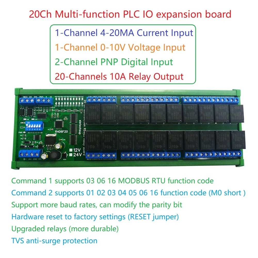 20Channel RS485 Switch Digital Analog IO Module Modbus RTU PLC UART Expanding Board 4-20MA Current 0-10V Voltage Read