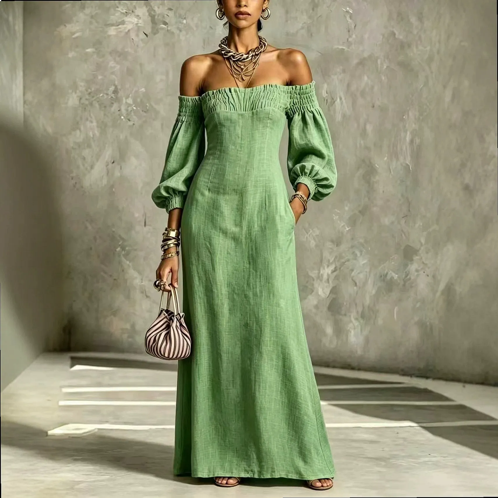 One Shoulder Long Dress for Women Bubble Sleeve Waist Slimming Vacation Dresses Bodycon Maxi Dress Spring Summer