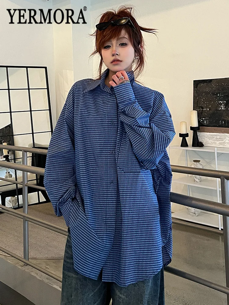 

YERMORA Blue Plaid Big Size Brief Casual Blouse For Women Lapel Long Sleeve Loose New Shirt Fashion Tide Spring Autumn 2026