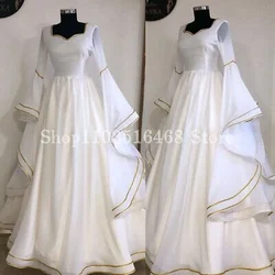 Historic Medieval Evening White Queen's Dresses Evening Church Skirt Fairy Long Sleeve Gold Applique Civil War فساتين سهرة