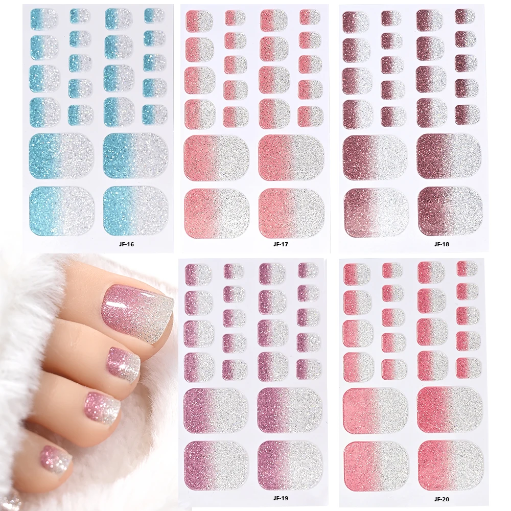 1pcs 22 เคล็ดลับ Gradient Glitter Full Toe NAIL Wraps 3D เงา Omber สีชมพู/สีม่วง/สีฟ้า Toe เล็บสติกเกอร์เบเกอรี่ฟรีแถบ Toe