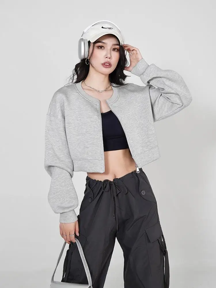 

Double-Sided Air Layer Sweatshirt Jacket Women's Sporty Ballgame Short Outerwear Autumn Winter No Collar Comfortable Cotton B...