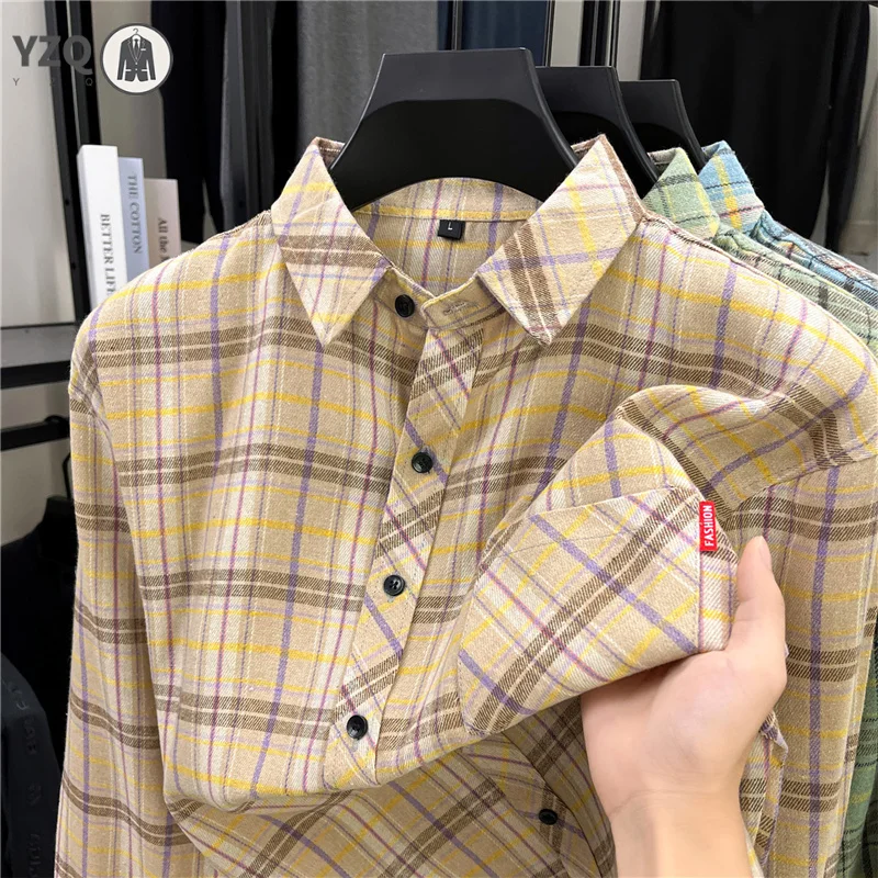 All Season Check Overshirt Lapel Collar Button Down Chest Pocket Decoration Men Casual Layered Shirt Jacket