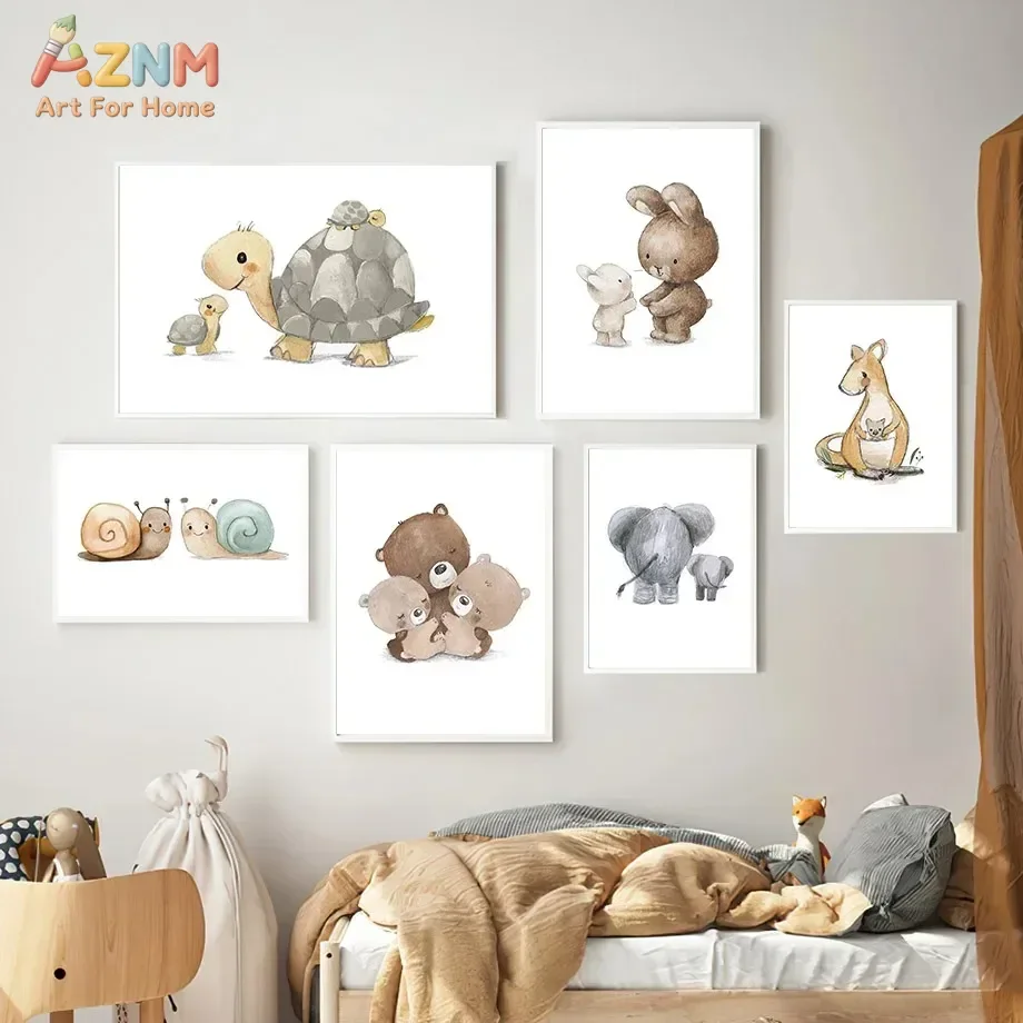 AZNM Watercolor Parent Baby Animal Canvas Wall Art Turtle Bear Elephant Print for Kids Nursery Room Decor
