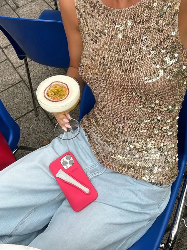 شيك الشارع الترتر محبوك قميص المرأة مثير بريق الصلبة أكمام سترات جوفاء الإناث 2025 الصيف موضة ريترو القمم #2