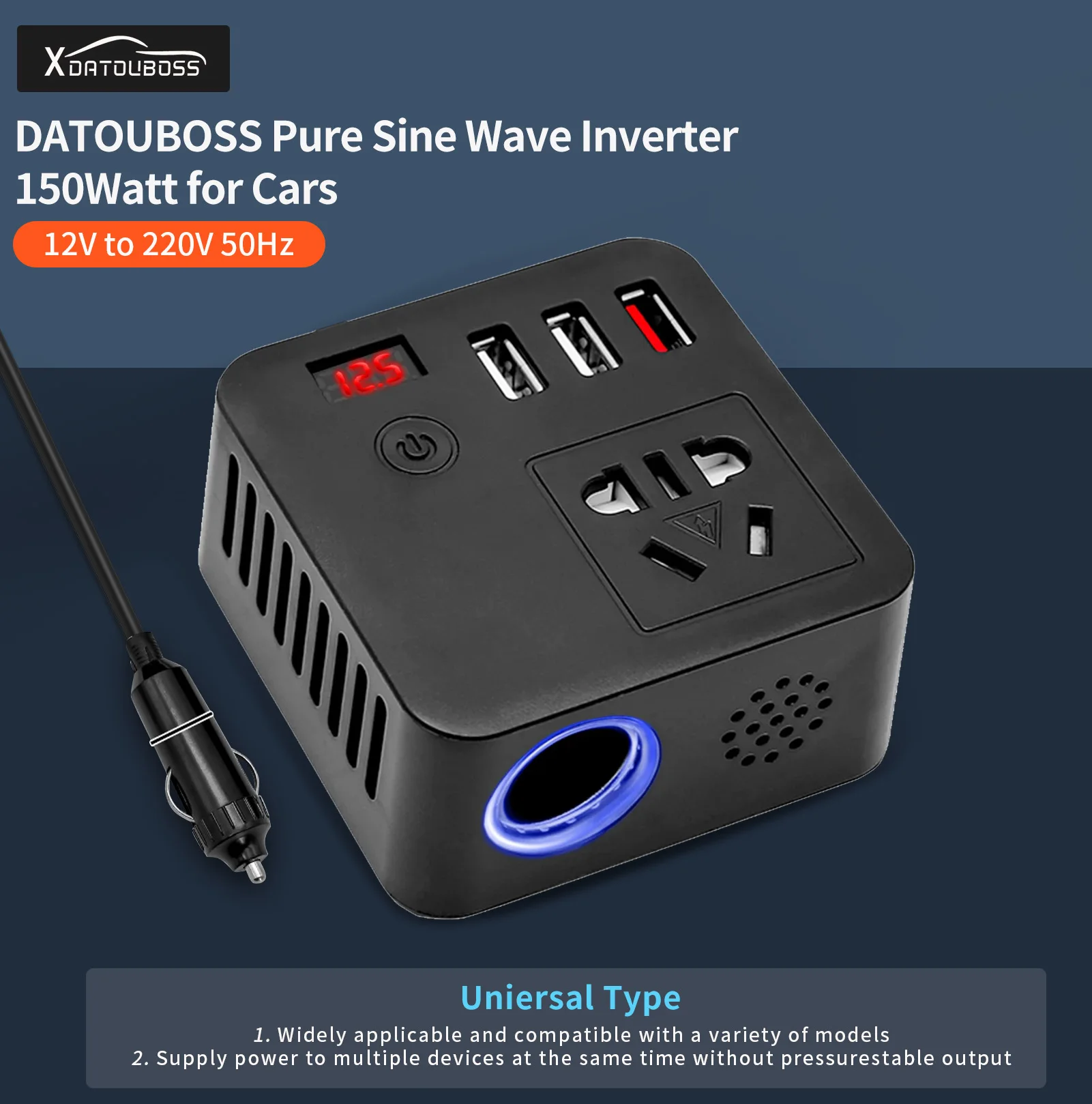 DATOU Car Inverter 150Watt DC 12V to 110/220V AC 50Hz with LED Display Sockets Power Inverter Adaptor Fast Charging for Vehicles