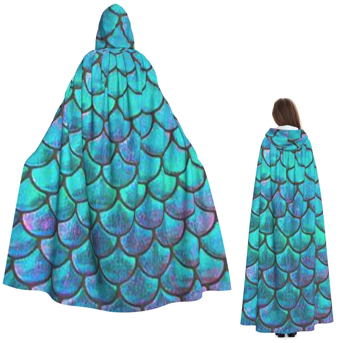 

Mermaid Fish Scale Long Hooded Cloak Witch Medieval Costume Cosplay Cape HalloweenCoat Adult Unisex