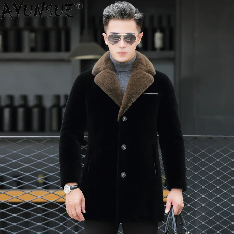 

AYUNSUE Men Jacket 2020 Men's Clothing Thick Real Mink Fur Collar Coat 100% Wool Coats Male 90% Duck Down Jackets Ropa LXR764