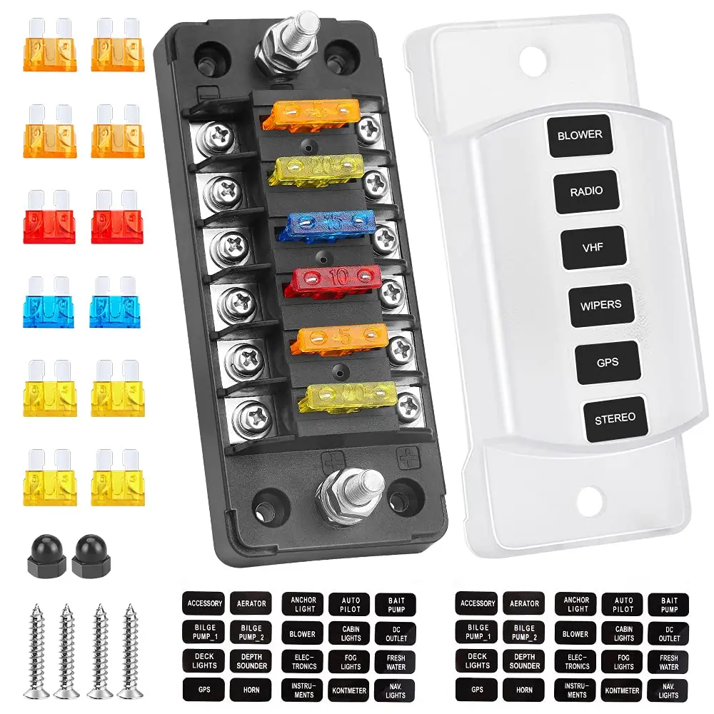 6 Way 12 Way Fuse Block 12V/24V Blade Fuse With Negative Bus Protection Cover Sticker Label for Automotive Car Truck Boat Marine