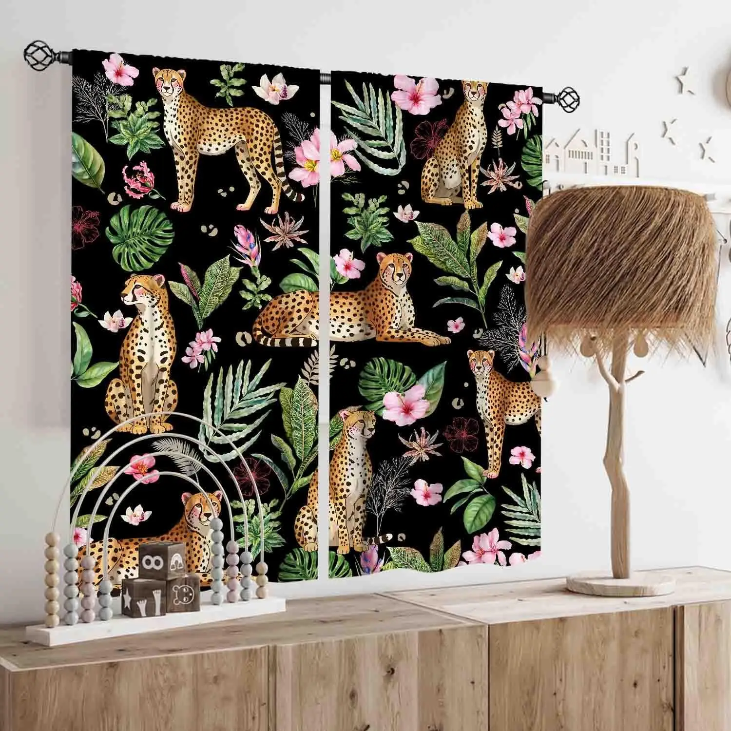 Black Tropical Cheetah Curtain Panels 2 Pack, Multiple Posture Leopard Palm Leaves Exotic Floral Dark Background for Balcony
