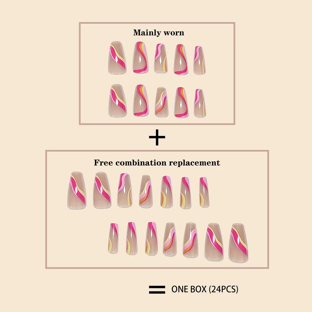 Fashion New Women Girls 24Pcs/Set Long Ballet French Colorful Striped Printed Full Coverage Wearable Fake Nail Press on Nail Art
