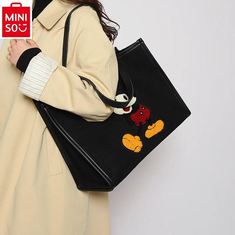 Miniso Hertenleer Fluwelen Mickey Retro Draagtas Dames Mode Casual Grote Capaciteit Veelzijdige Één Schouder Forensentas