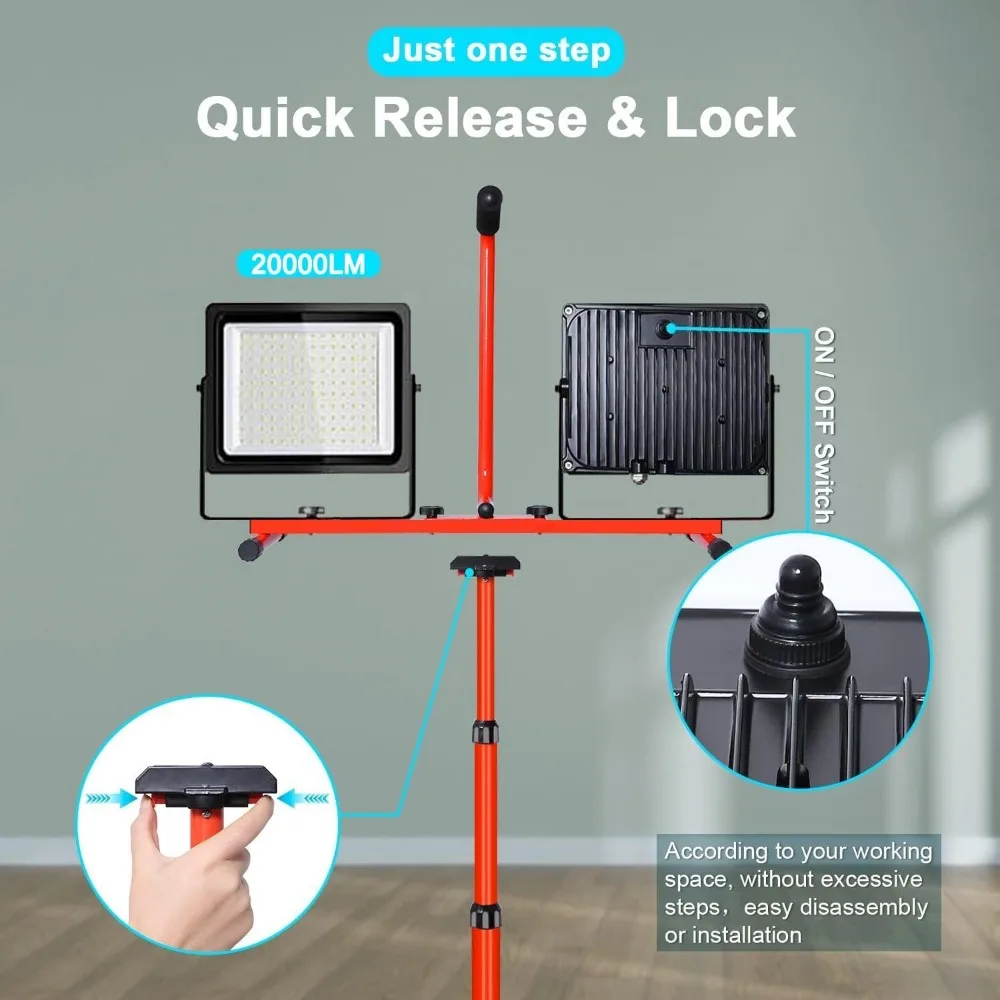 26000 Lumen LED Work Lights on Stand Tripod,200W Bright 2 Adjustable Head Work Flood Light with Individual Switch