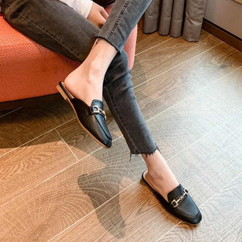 Women Elegant Mules Slippers Outdoor Shallow Slip On Slide Ladies Spring Summer Party Dress Cover Toe Flats Shoes Pu Business