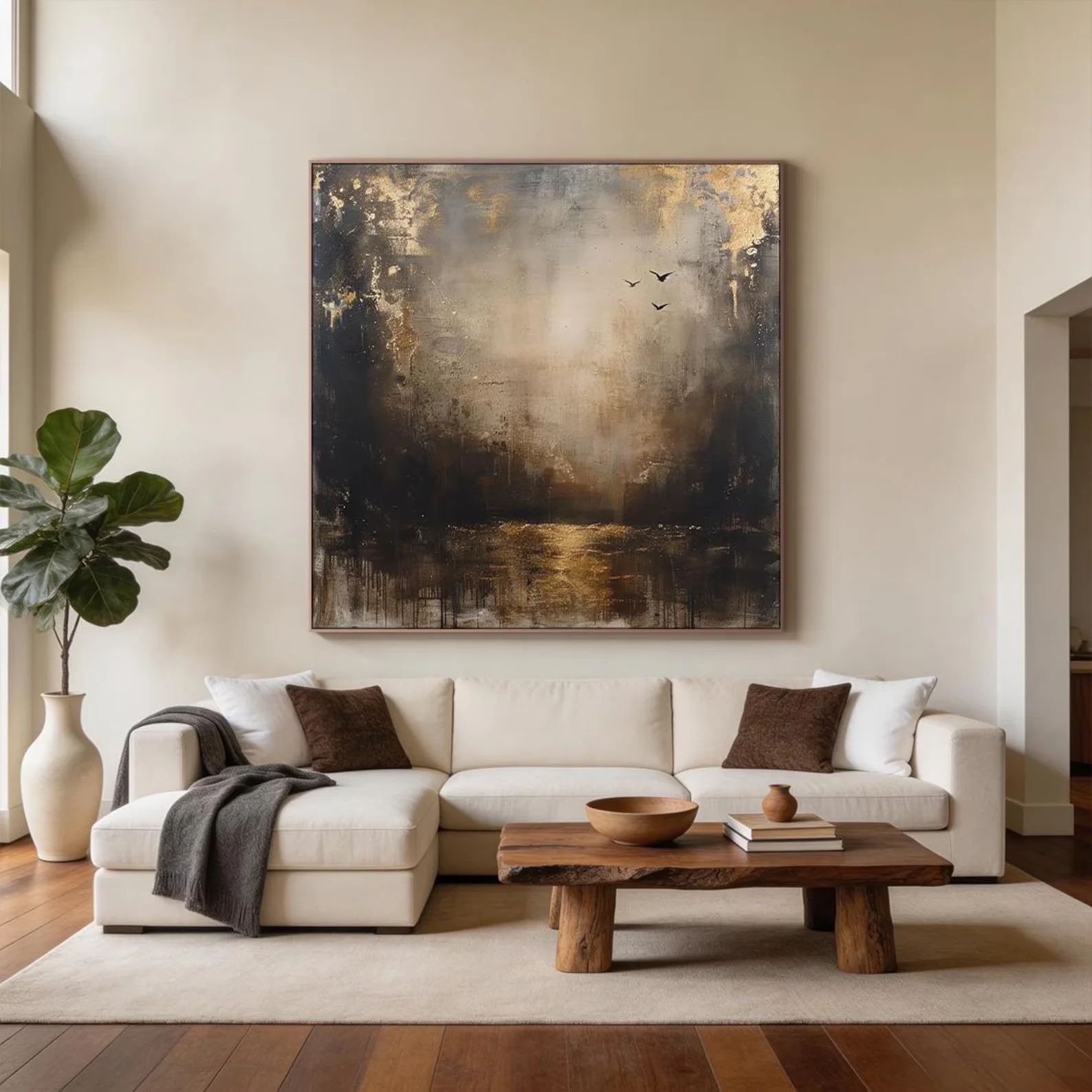 Large Abstract Gold Brown Wall Art Modern Minimalist Textured Landscape Oil Painting on Canvas Palette Knife Home Decor