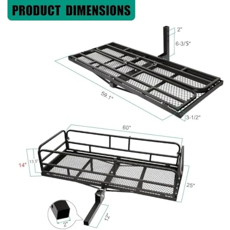 Folding Trailer Hitch Cargo Rack 60 x 24 x 14 Inch Hitch Mount Cargo Carrier with High Side Rails for RV Truck SUV Van 500 lbs