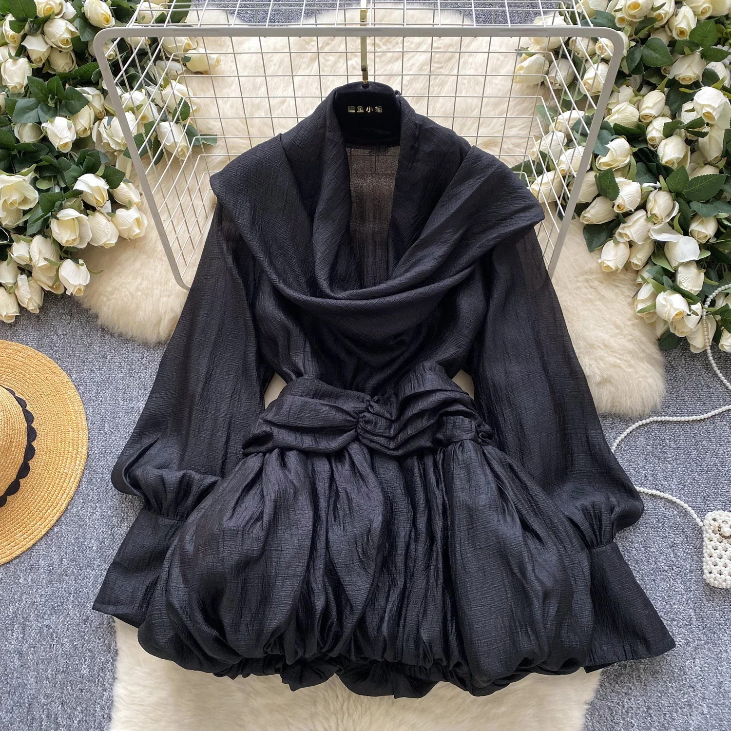 Drapierter Ausschnitt Neckholder Lace Up Schlanke Taille Kleid Französisch Stil Lässig Elegante Robe Europa Moda Ballkleid Knospe Solide Vestidos