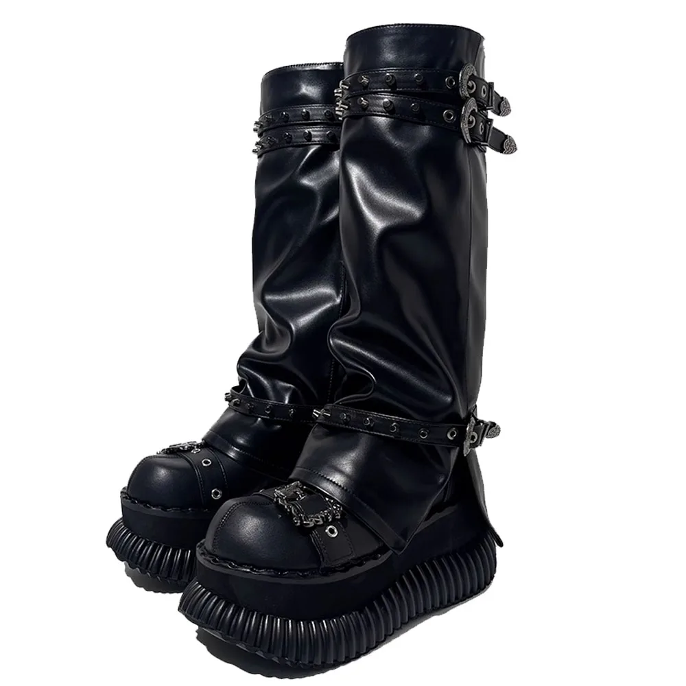 Fashion Belt Buckles Straps Motorcycle Boots Split Pants Knee High Elastic Boots Rivet Women Sexy Platform Leather Shoes Party