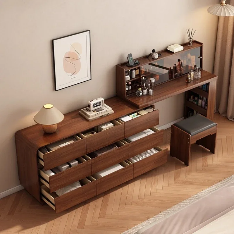 Makeup Table Nordic Modern Solid Wood Dresser Chest Integrated Simple Bedroom Dressing Table Bedside Storage Cabinet Retractable