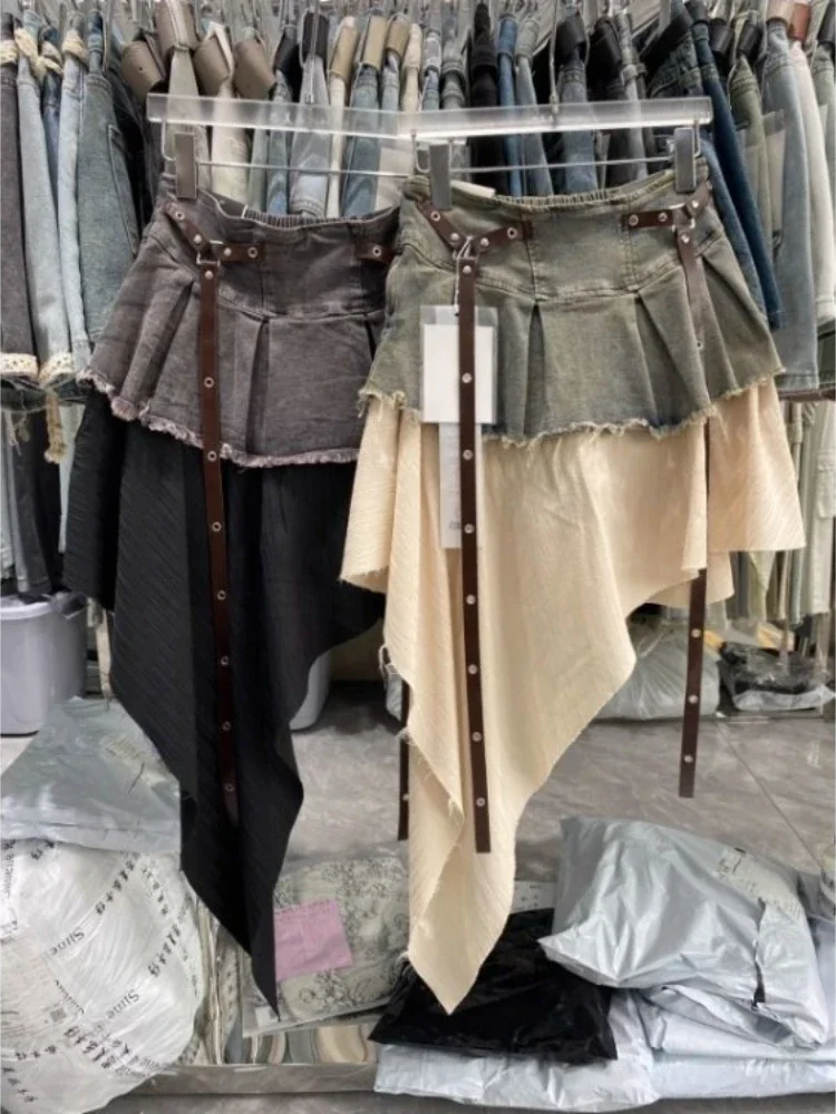 Retro Spliced Denim Pleated Skirt for Women Summer New Temperament Hot Girl Fashionable High Waist A-line Skirt