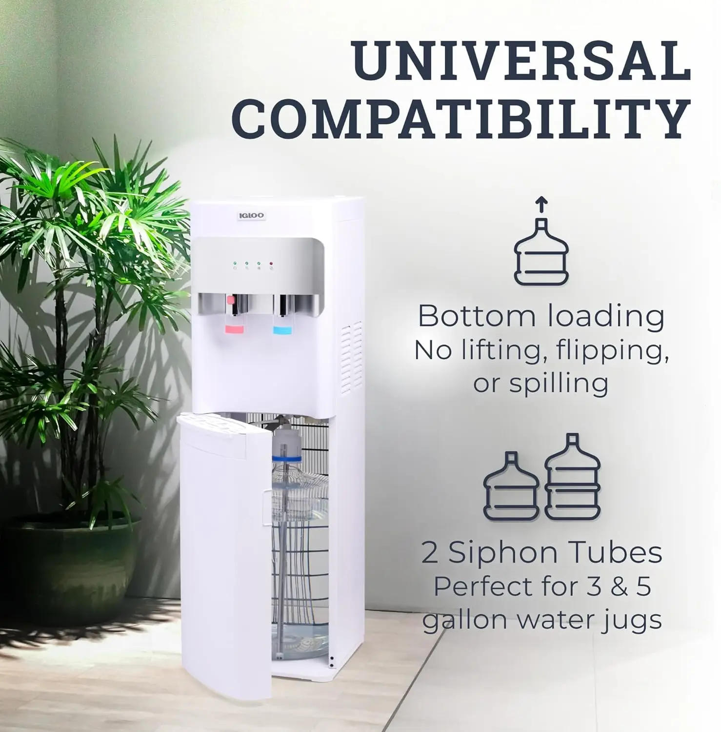 Hot and Cold Water Cooler Dispenser - Holds 3 & 5 Gallon Bottles, 2 Temperature Spouts with Dispensing Paddles, No Lift Bottom L