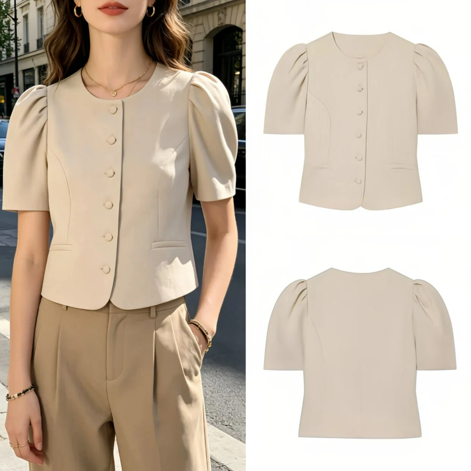 Summer Commute Style Women's Fitted Bubble Sleeve Round Neck Short Sleeve Suit Jacket Breathable Pure Color Leisure Jacket New