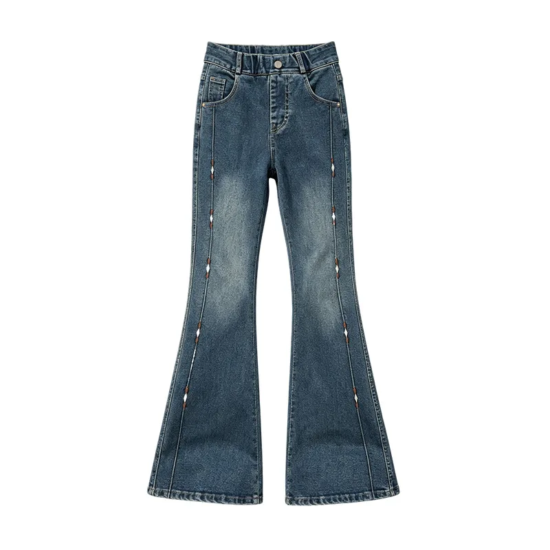 Girls Fashion High Waist Slim-fit Jeans for Spring Autumn New Stretchy Children Flared Pants Long Kids Denim Slightly Trousers