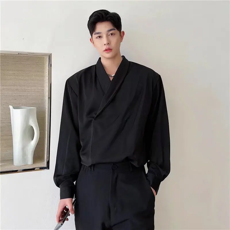 Early Autumn Men's Luxury Silk irt Long Sve Draped Loose Fit Faionable Lazy Sle Korean Version Haome Trendy Top