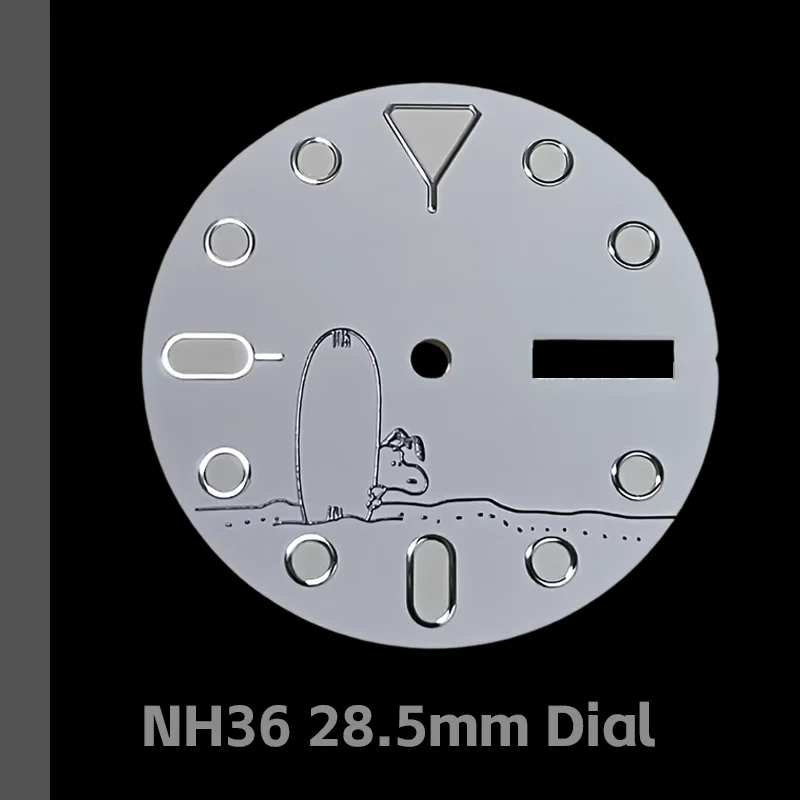

28.5mm cartoon dog watch dial suitable for NH36 movement, white dial, green luminescence, dual calendar.