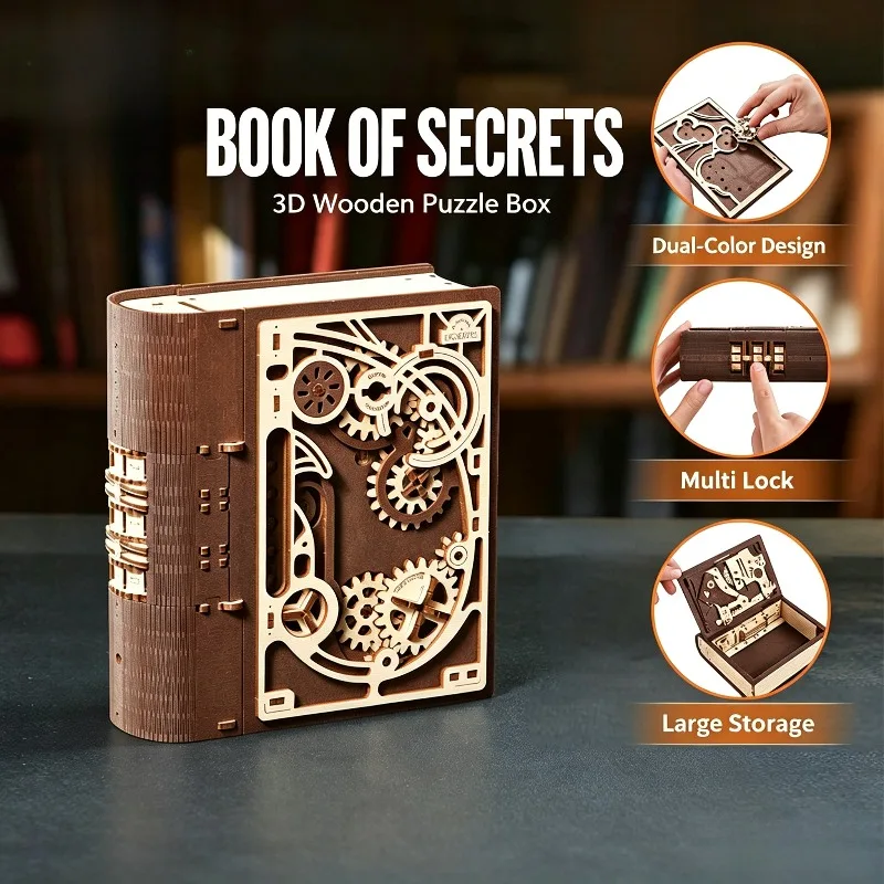 3D Wooden Puzzle Box Password Puzzle Book DIY Wooden Model Kit Secret Storage Treasure Box Craft Building Toy Gift for Adults