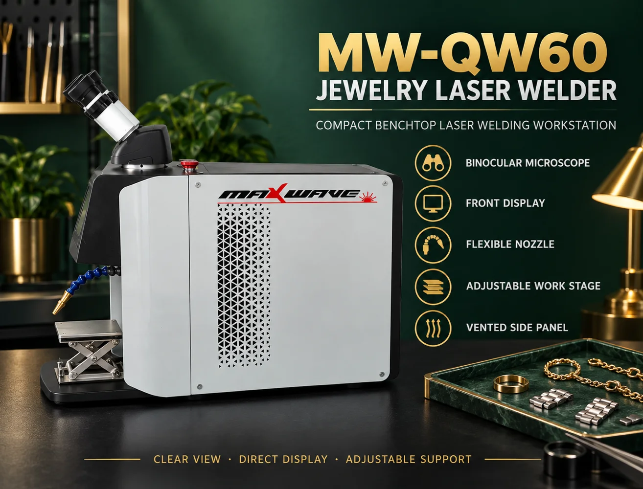 MW-QW60 Jewelry Laser Welding Equipment with Flexible Nozzle, Adjustable Work Stage and Binocular Microscope View
