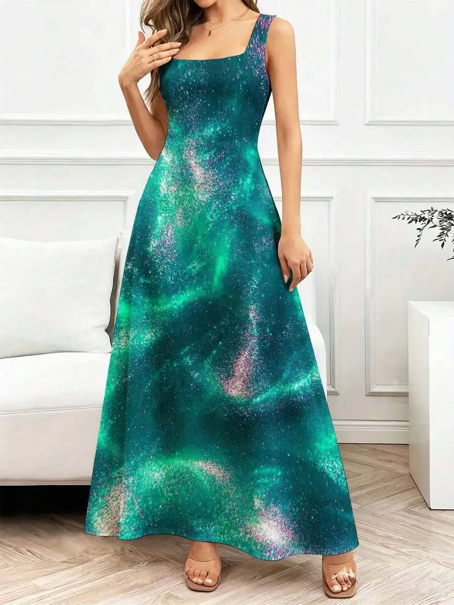 

Square Neck Sleeveless Galaxy Print Maxi Dress A Line Casual Women
